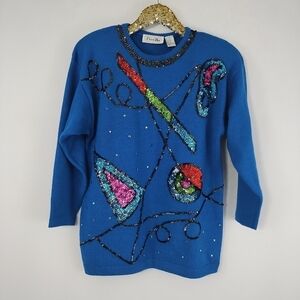 Vintage 80s Priscilla Women's Blue Geometric Sweater size Medium Maximalism